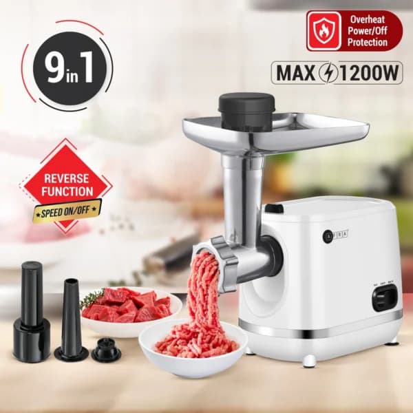 AFRA 1200W Meat Grinder – 3 Cutting Discs, Stainless Steel Cross Knife, Aluminum Body, Food Storage Pusher, Kibbeh & Sausage Attachments, Model AF-1200MGWT