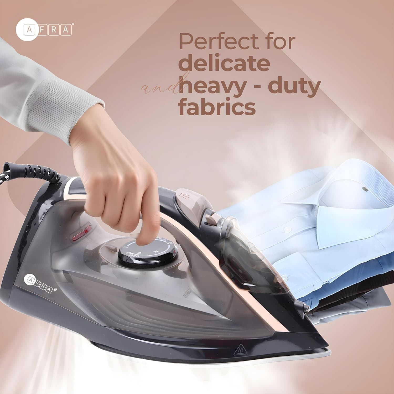 AFRA Steam Iron, 2600W, 350ml capacity, Black & Gold, Ceramic Coated Soleplate, Vertical Steam