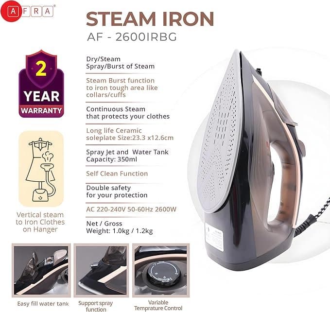 AFRA Steam Iron, 2600W, 350ml capacity, Black & Gold, Ceramic Coated Soleplate, Vertical Steam