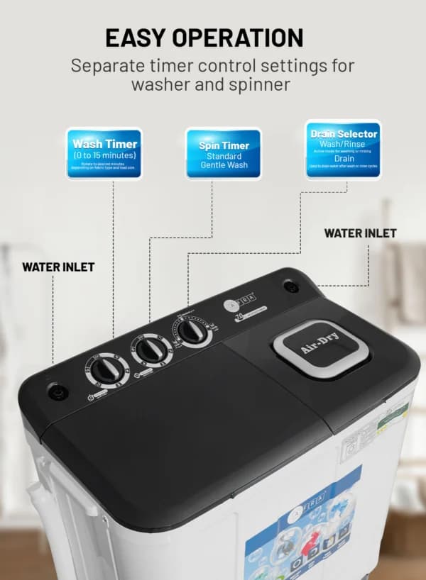 AF-0703TTWBK Twin Tub Washing Machine 7KG – Model AF-0703TTWBK with Air Dry & Magic Filter
