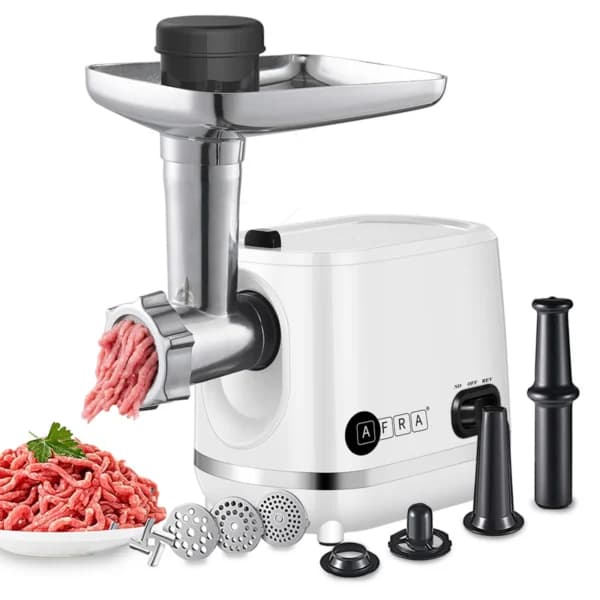 AFRA 1200W Meat Grinder – 3 Cutting Discs, Stainless Steel Cross Knife, Aluminum Body, Food Storage Pusher, Kibbeh & Sausage Attachments, Model AF-1200MGWT