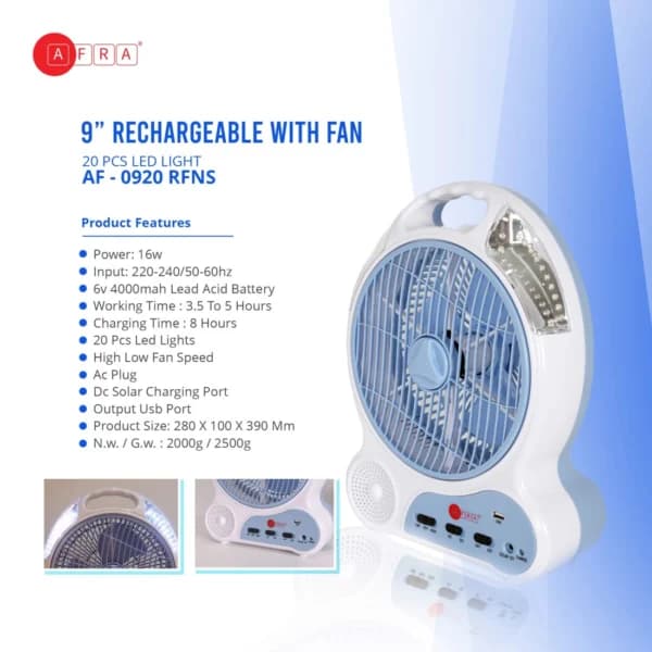 AFRA Rechargeable LED Fan 16W, White, Plastic Body, Solar Charging Port – AF-0920RFNS, 2Y Warranty